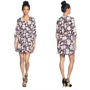 Lush Pink & Navy Floral Faux Wrap Dress
